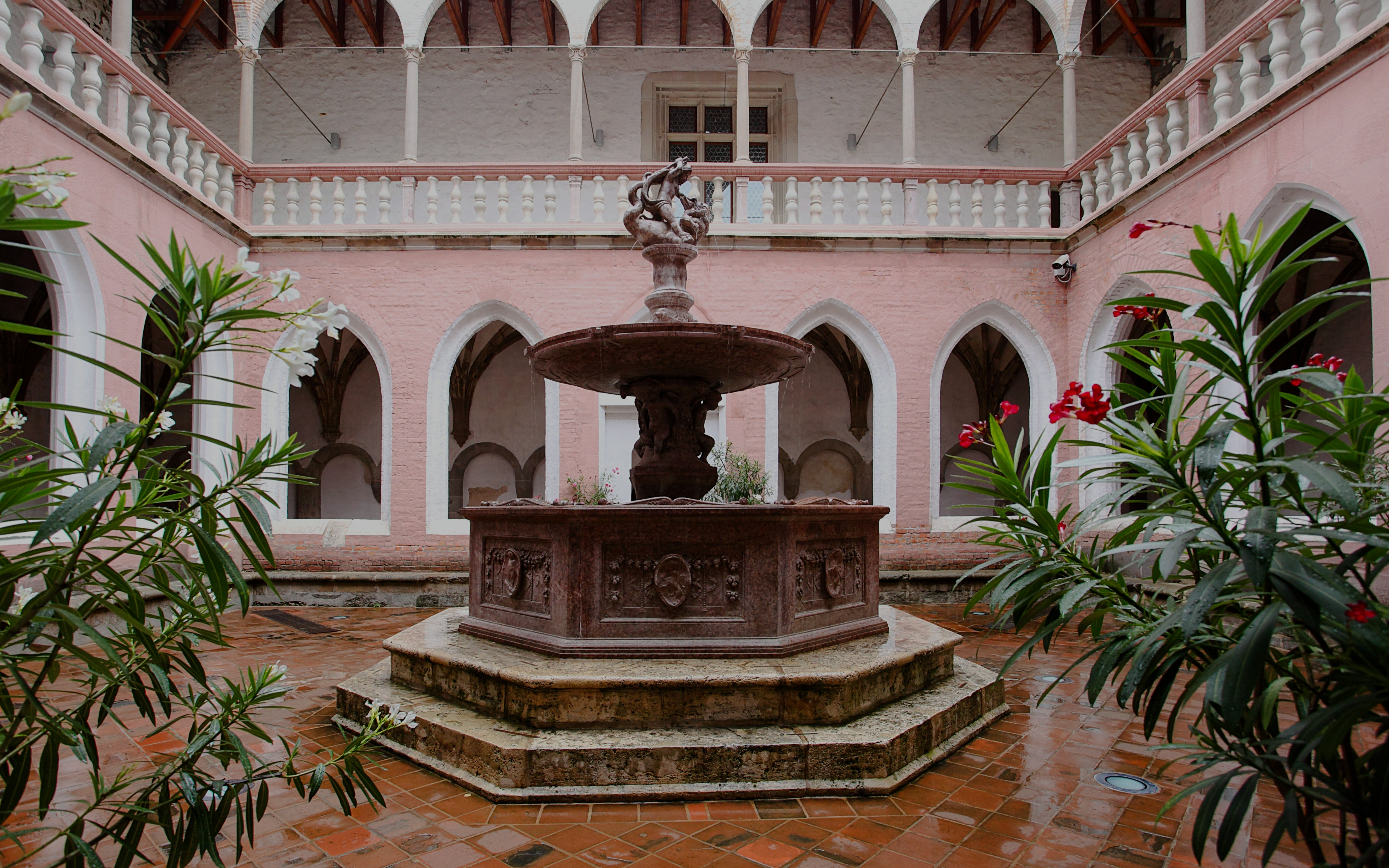 Courtyard with fountain in reconstructed Renaissance palace, Visegrad.