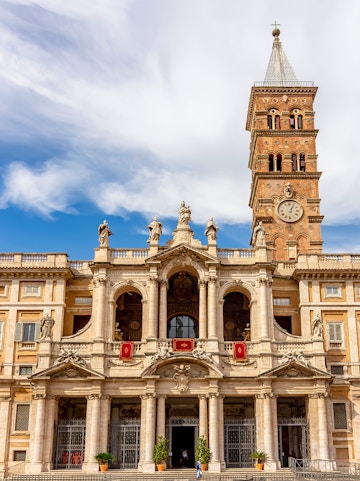 Santa Maria Maggiore Basilica facade with bell tower in Rome, Italy.