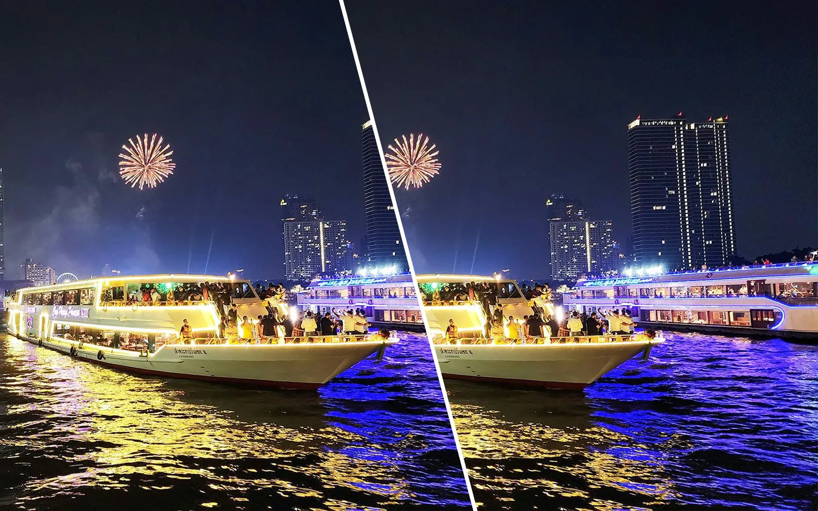 Chao Phraya Princess Cruise with fireworks over Bangkok skyline at night.