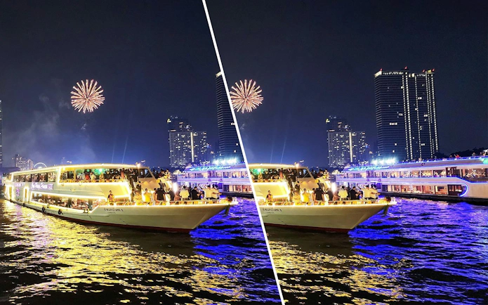 Chao Phraya Princess Cruise with fireworks over Bangkok skyline at night.
