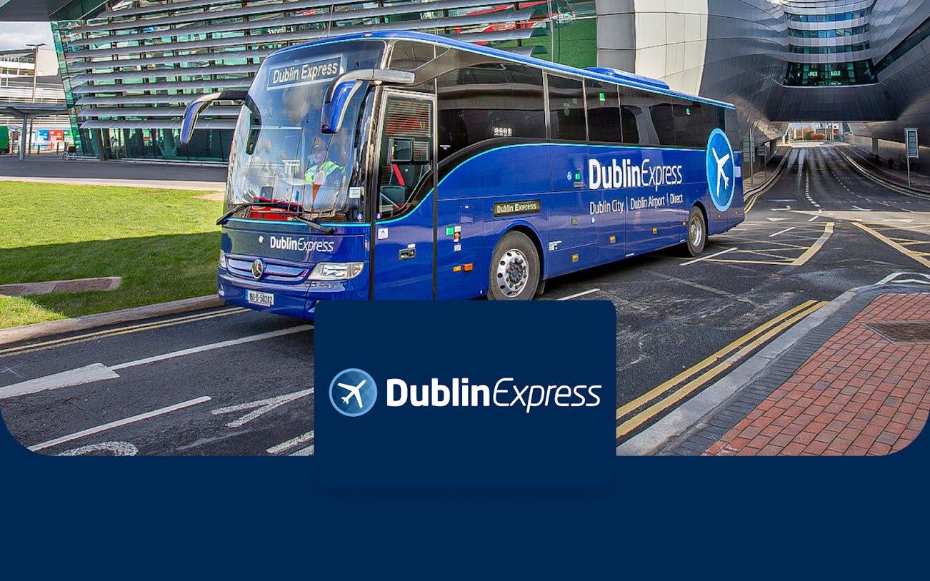 Dublin Express bus at Dublin Airport heading to Custom House Quay.