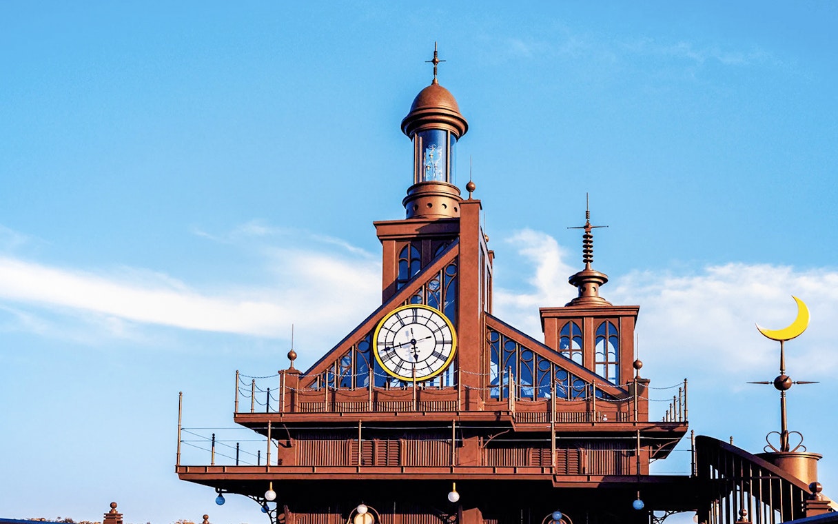 Elevator Tower with clock in Hill of Youth, Ghibli Park, Japan.