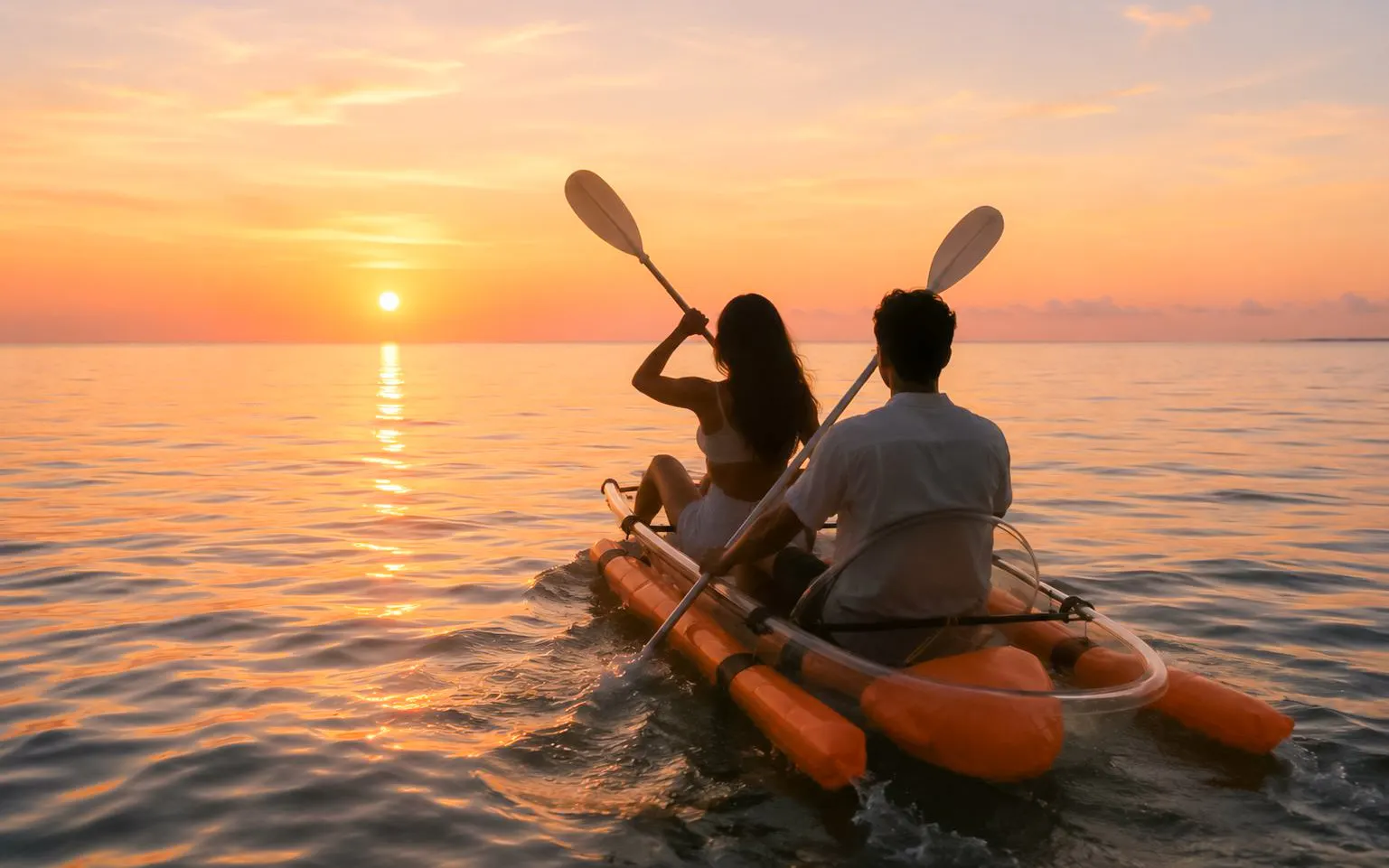 Transparent kayak at sunset in Flic en Flac, Mauritius.