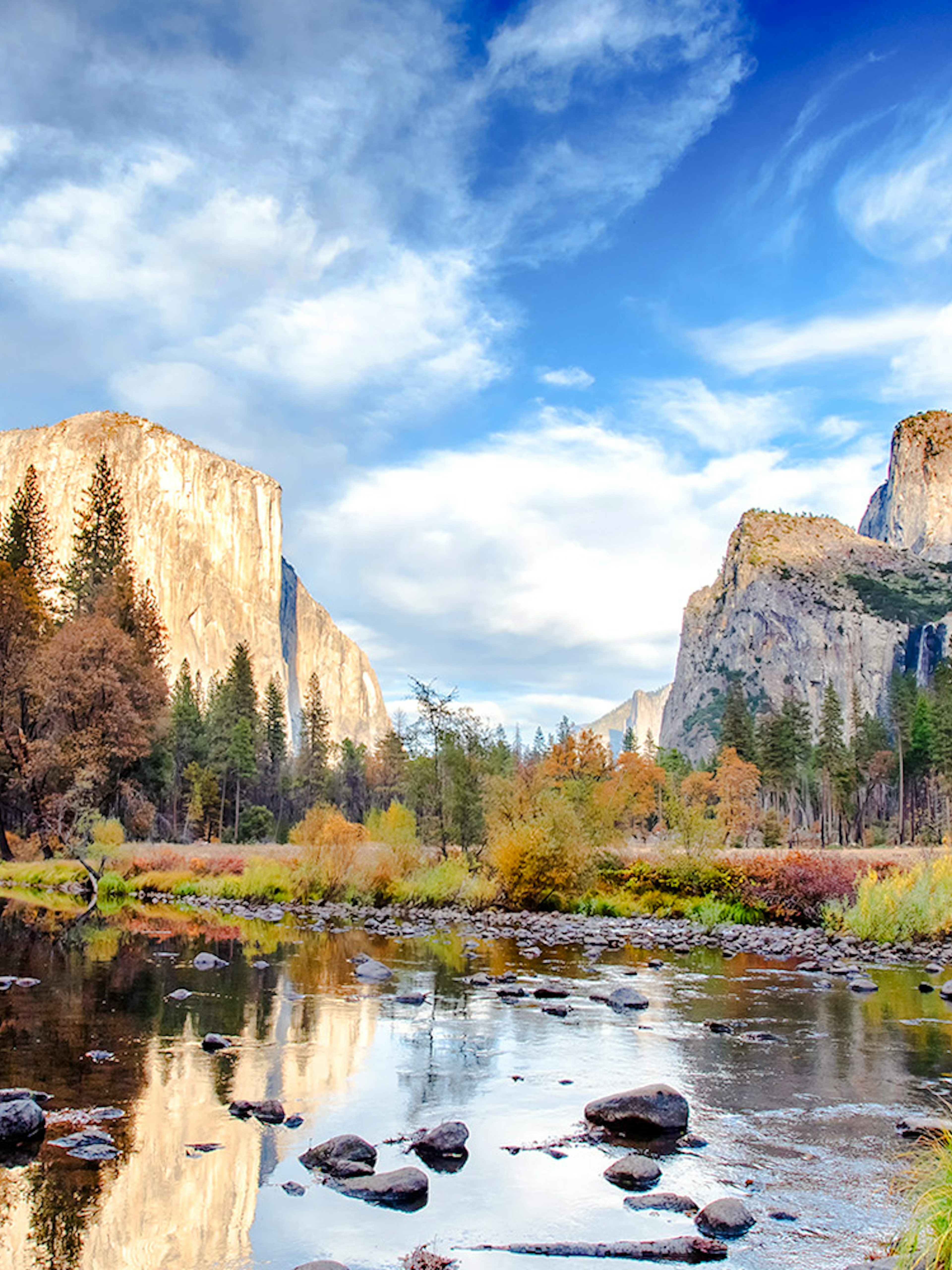 Yosemite Valley view with El Capitan and Merced River from Valley View scenic point.
