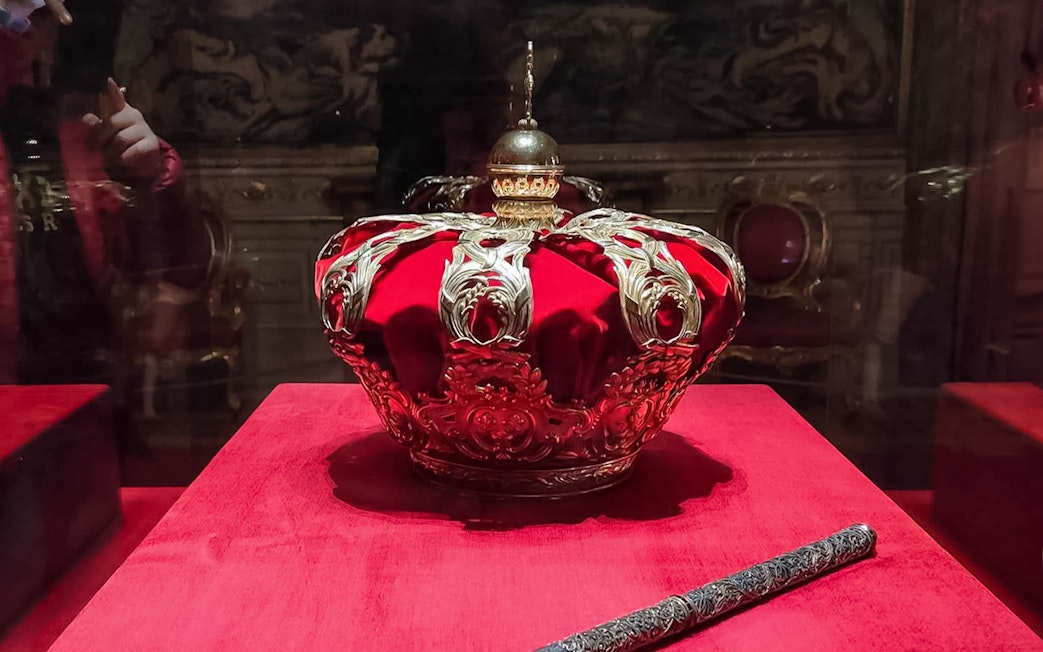 Royal crown on display at the Royal Palace of Madrid.