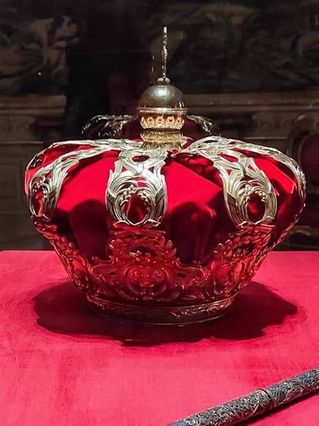 Royal crown on display at the Royal Palace of Madrid.