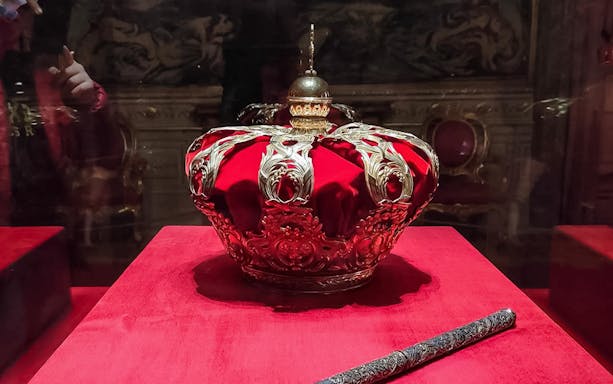 Royal crown on display at the Royal Palace of Madrid.