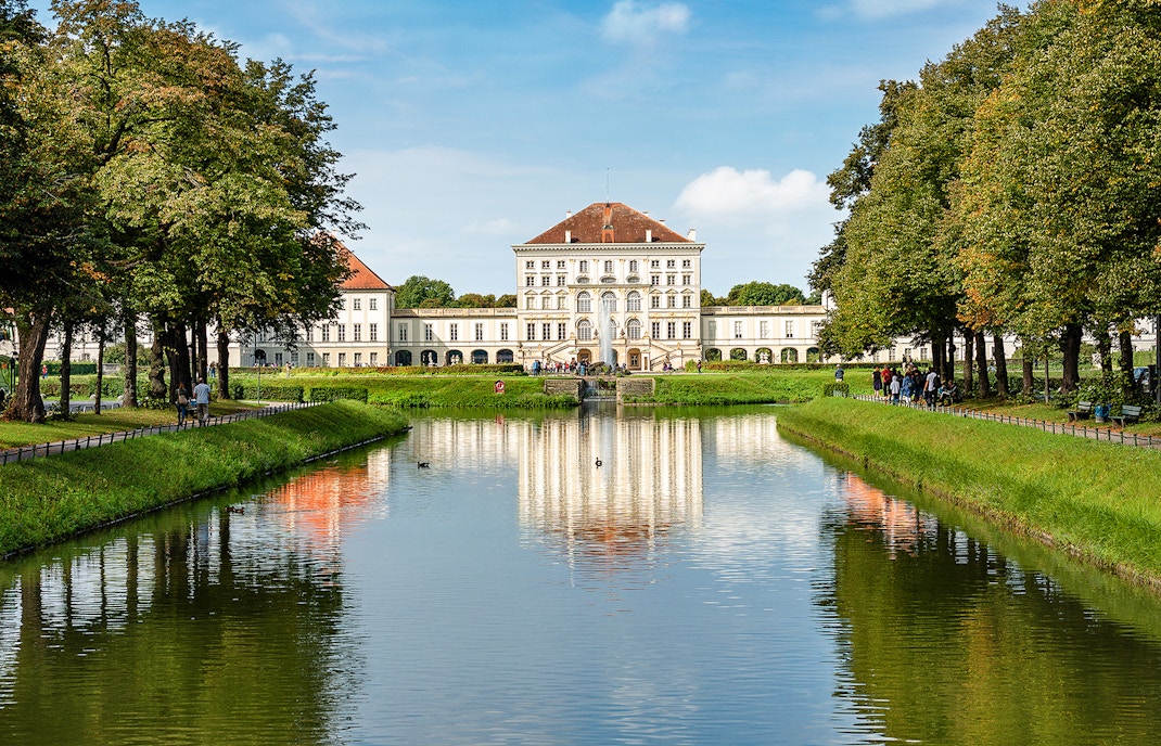 Nymphenburg Palace facade with gardens, Munich.