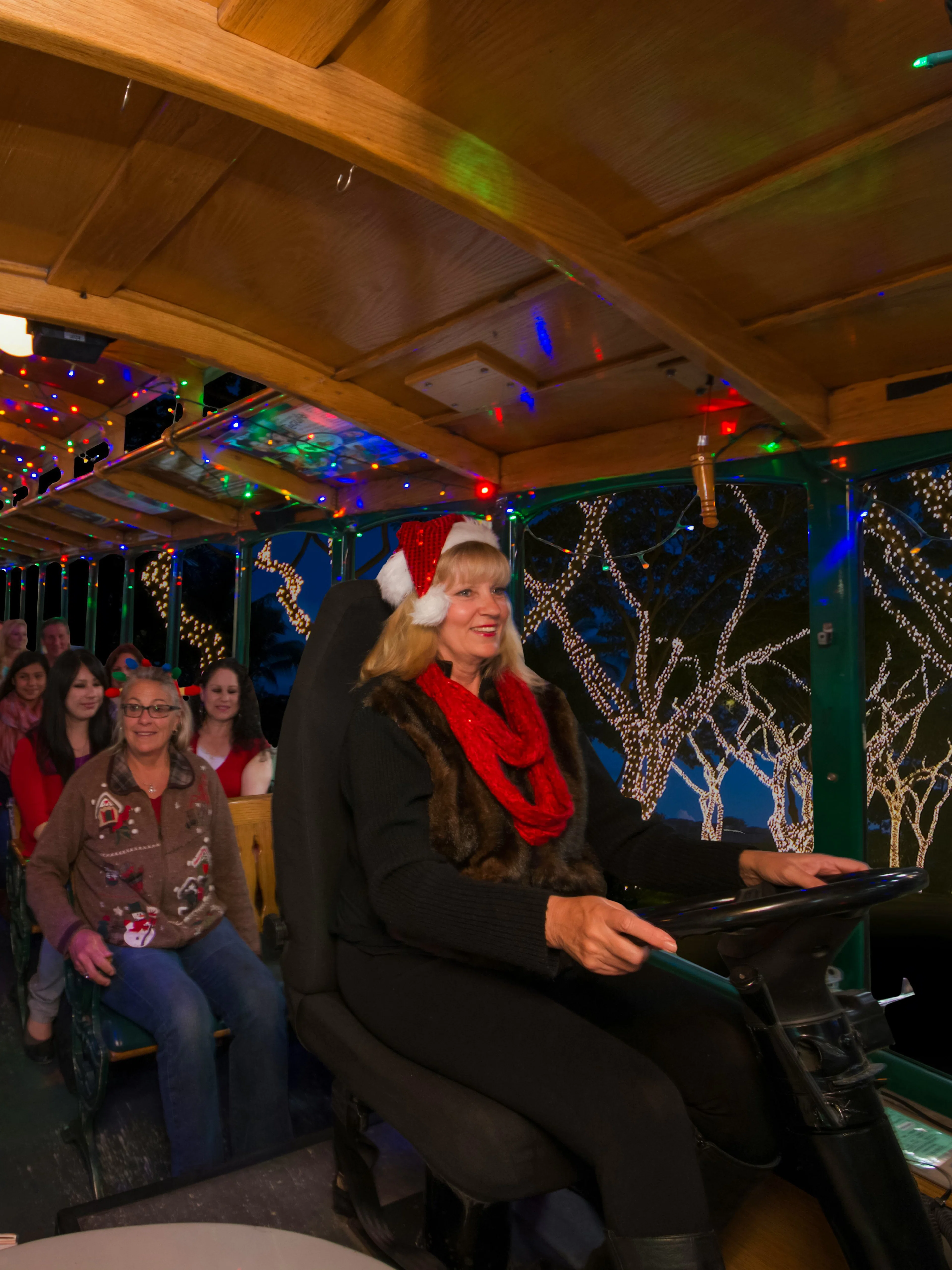 Passengers enjoying Old Town Trolley's Holiday Sights and Festive Nights Tour in San Diego.