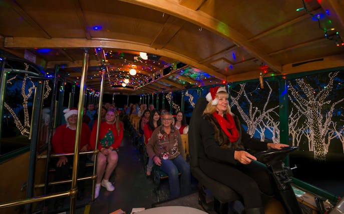 Passengers enjoying Old Town Trolley's Holiday Sights and Festive Nights Tour in San Diego.