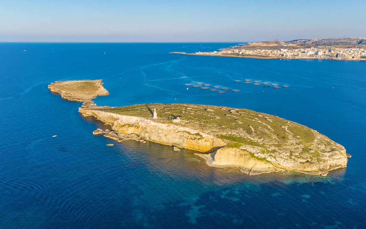 Aerial view of St. Paul's Island in the Mediterranean Sea, Malta, during spring.