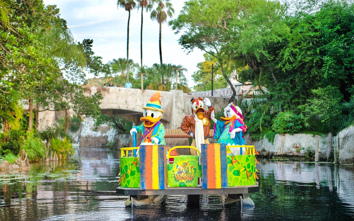 Characters on a colorful boat at Animal Kingdom Theme Park, Walt Disney World Resort, Orlando.