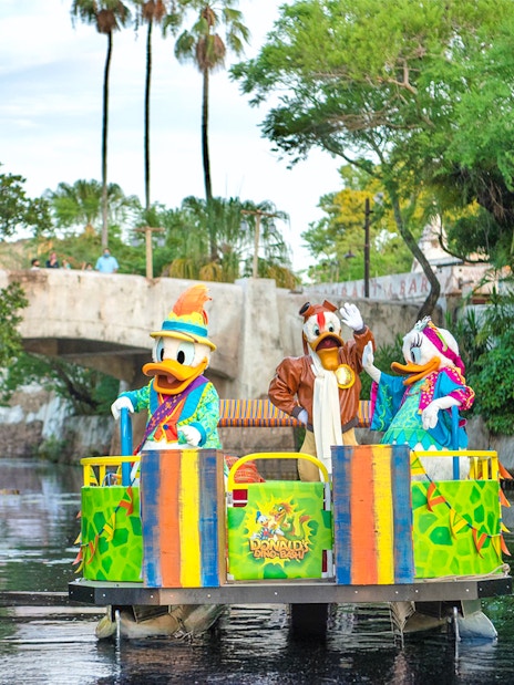 Characters on a colorful boat at Animal Kingdom Theme Park, Walt Disney World Resort, Orlando.