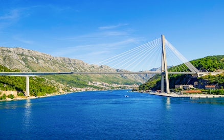 Franjo Tudman Bridge spanning the blue waters near Dubrovnik, Croatia.