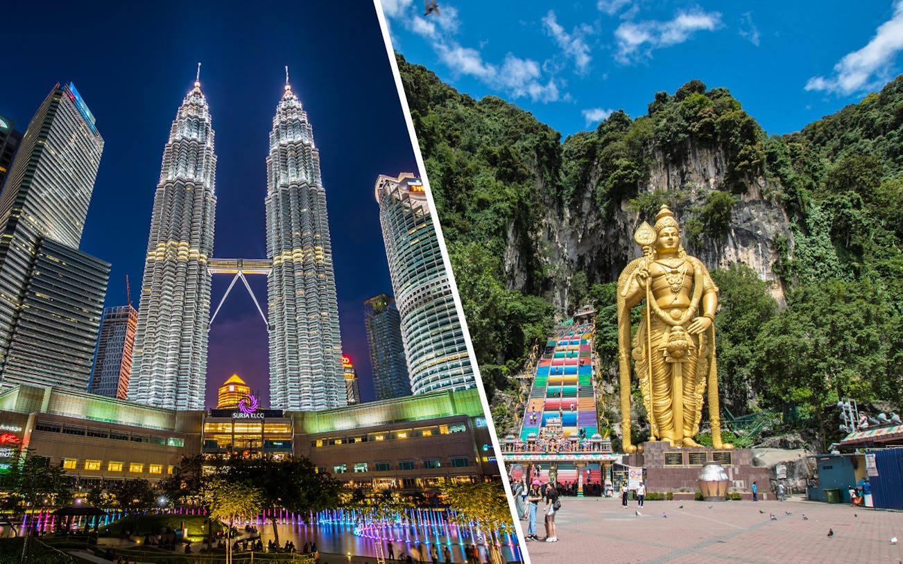 Petronas Twin Towers at night and Batu Caves with golden statue in Kuala Lumpur.