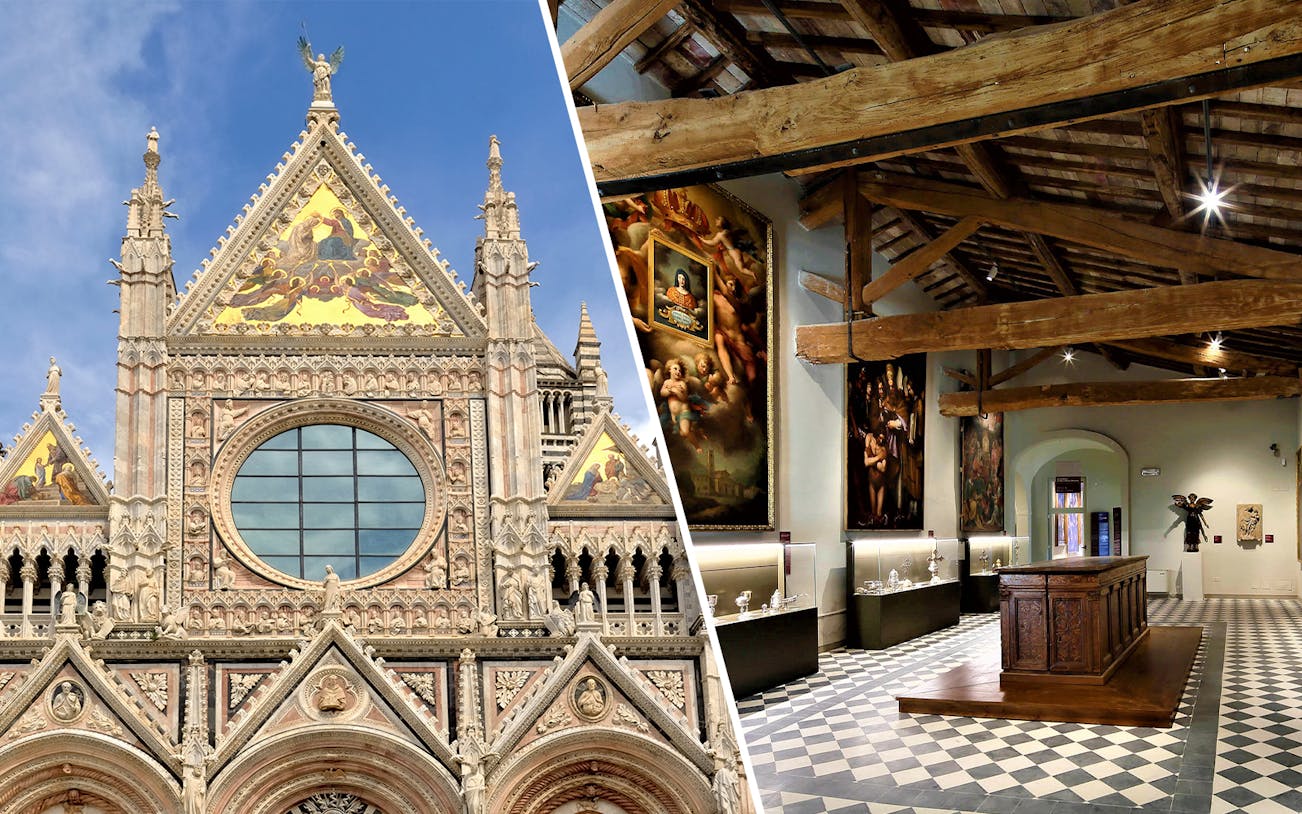 Siena Duomo facade and interior of San Pietro Museum in San Gimignano.