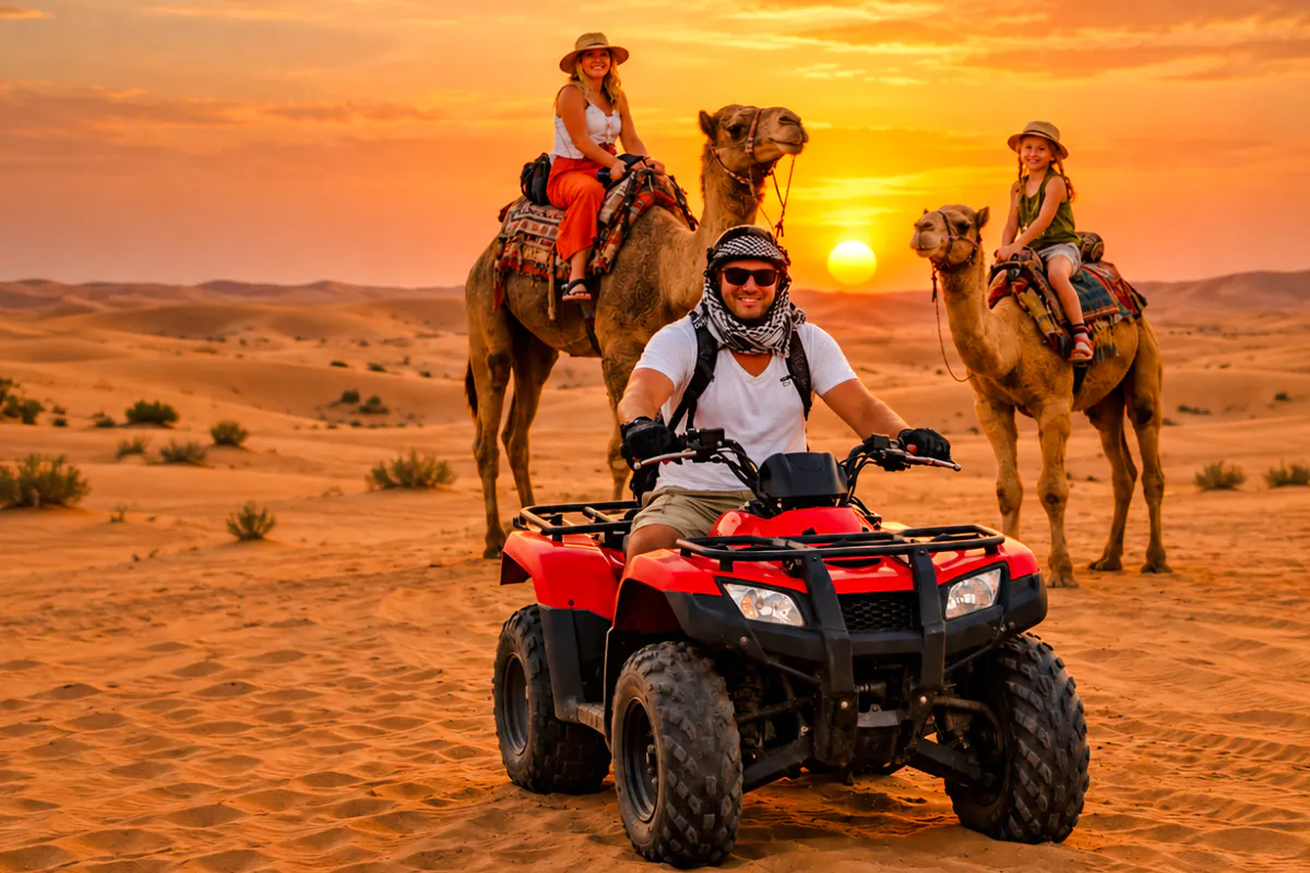 ATV rider and camel riders at sunset in Abu Dhabi desert safari.