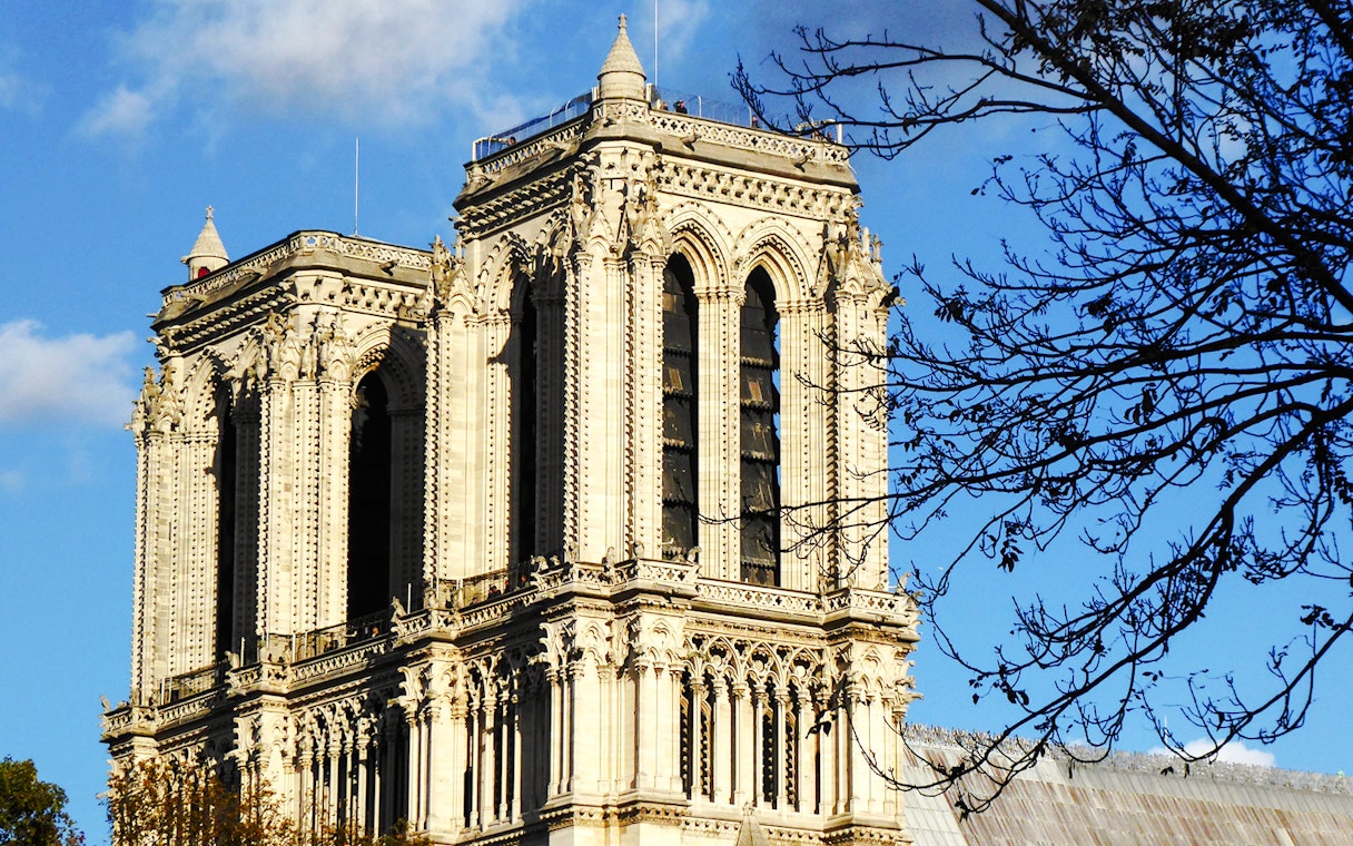Notre Dame tower view during Treasure Hunt tour from Panthéon to Louvre.