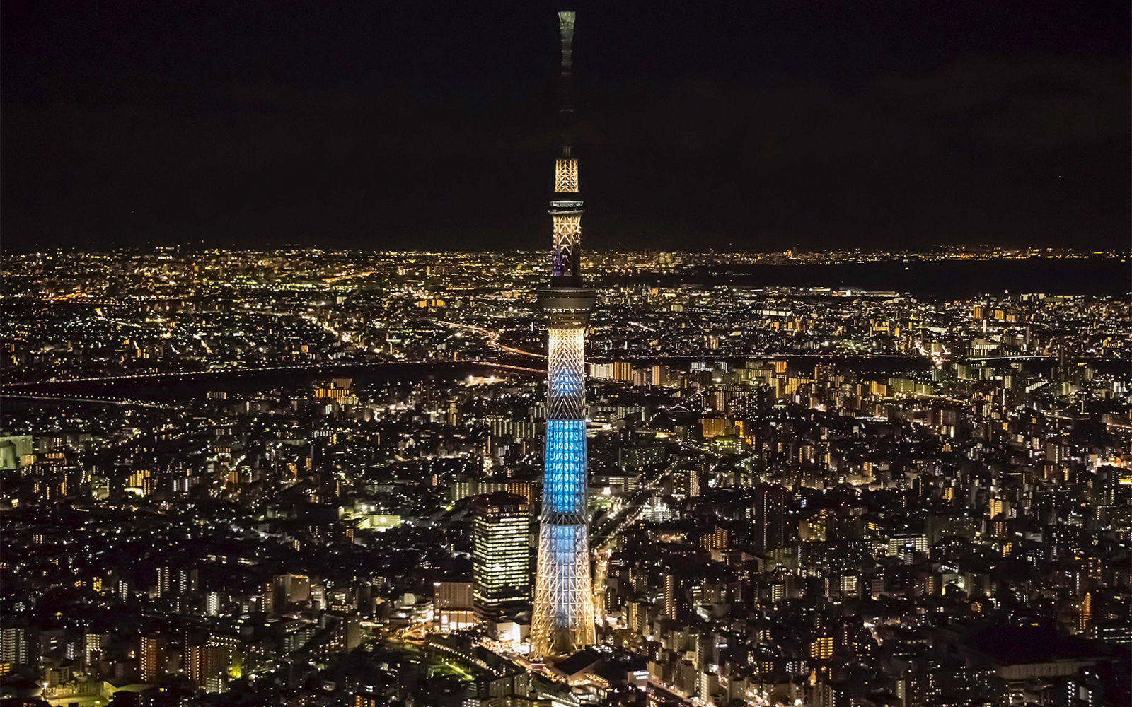 Tokyo Skytree illuminated at night, surrounded by city lights.