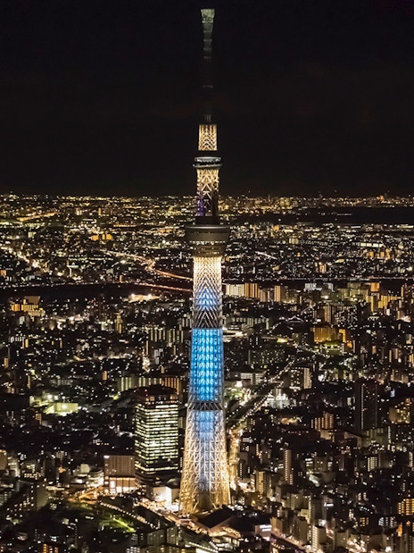 Tokyo Skytree illuminated at night, surrounded by city lights.