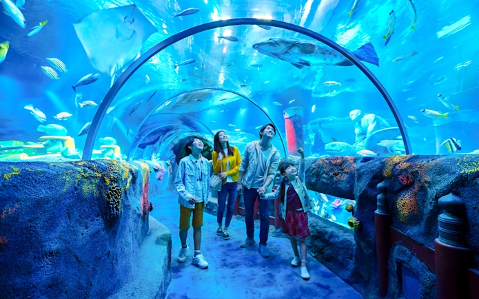 Family exploring underwater tunnel at LEGOLAND Japan Nagoya aquarium.