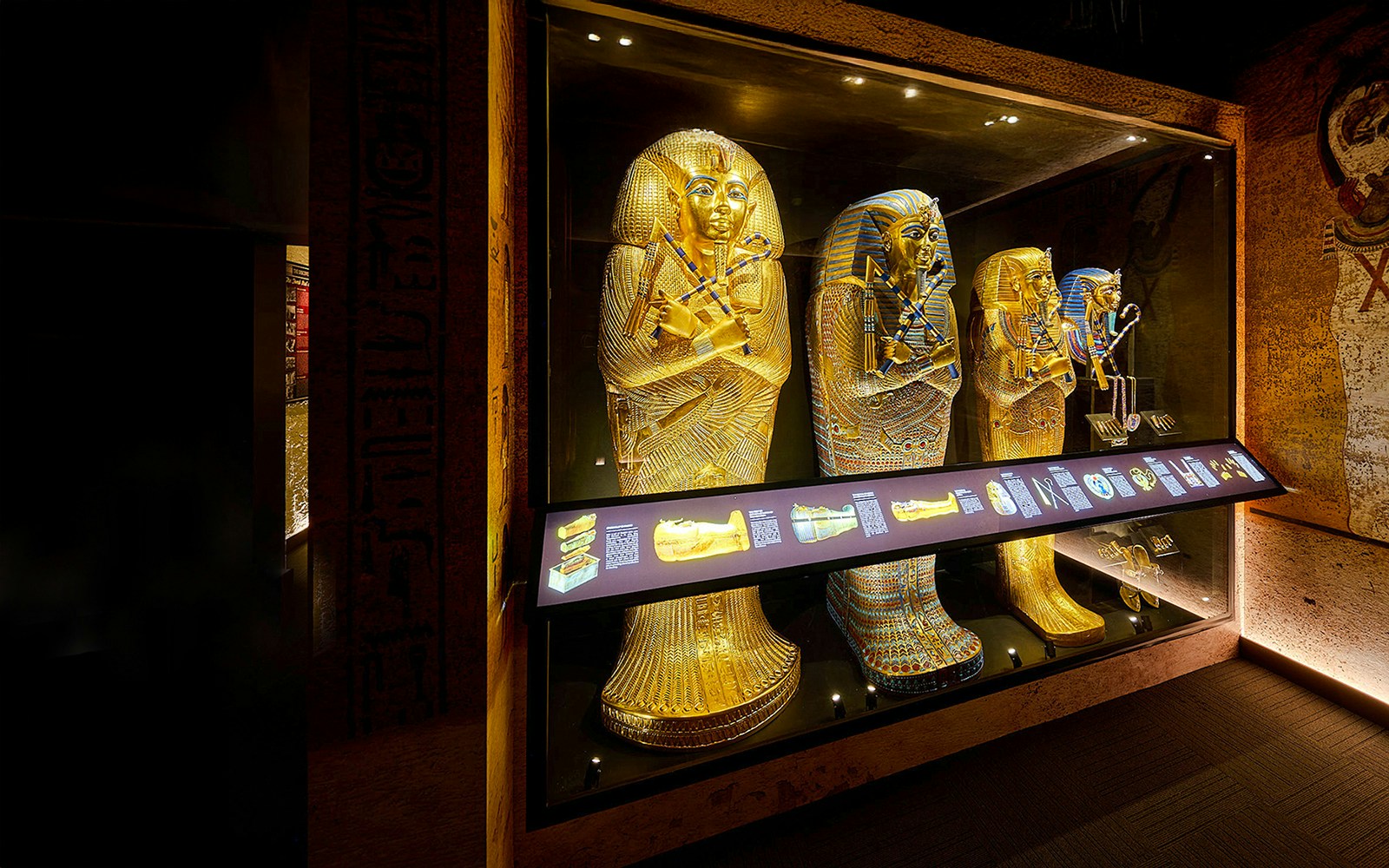 Golden sarcophagi in the Burial Chamber of Tutankhamun, Egypt.