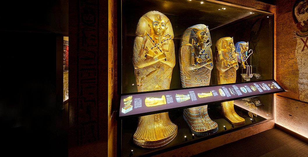 Golden sarcophagi in the Burial Chamber of Tutankhamun, Egypt.