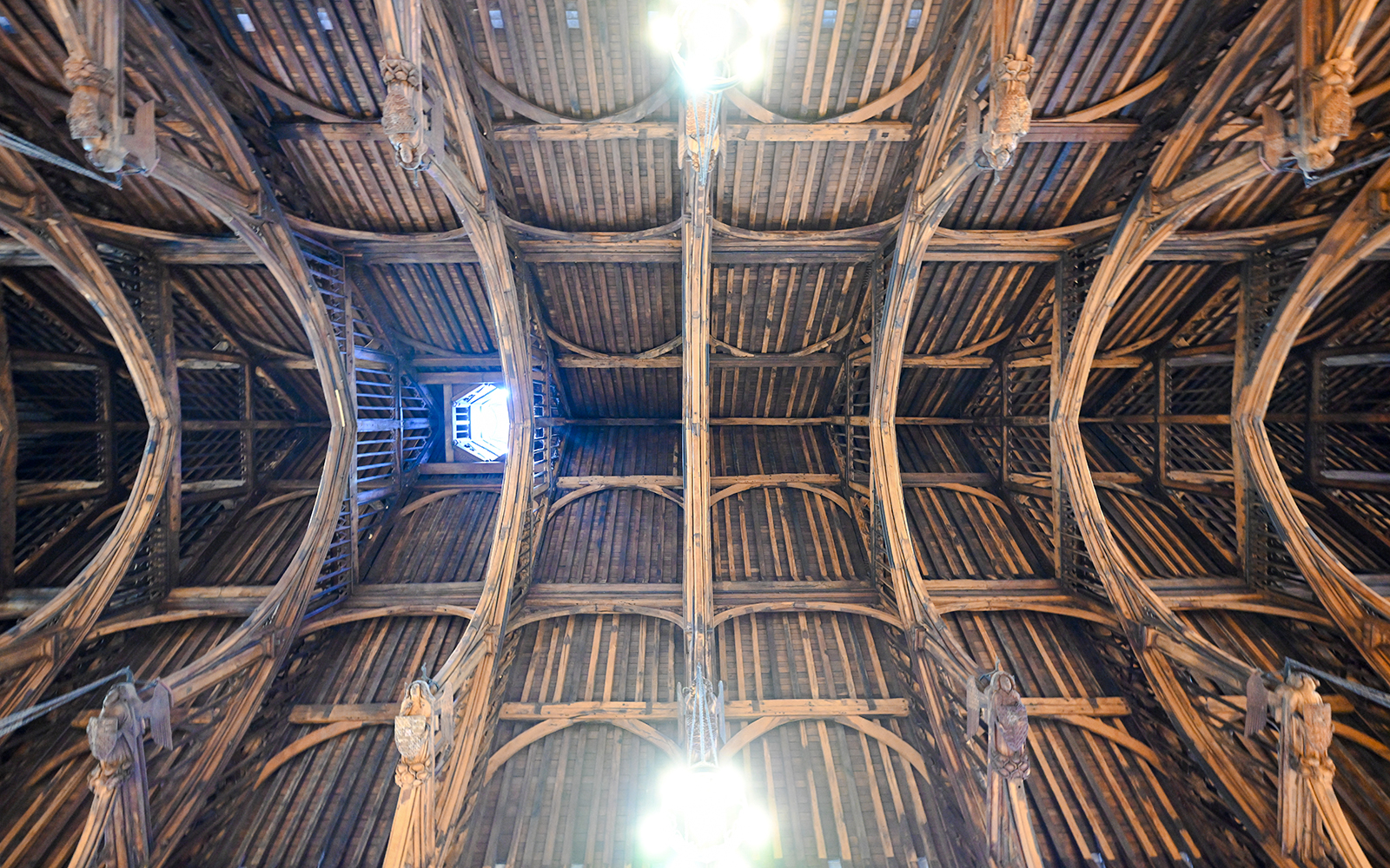 Ornate wooden ceiling of the Royal Gallery at the Houses of Parliament, London.