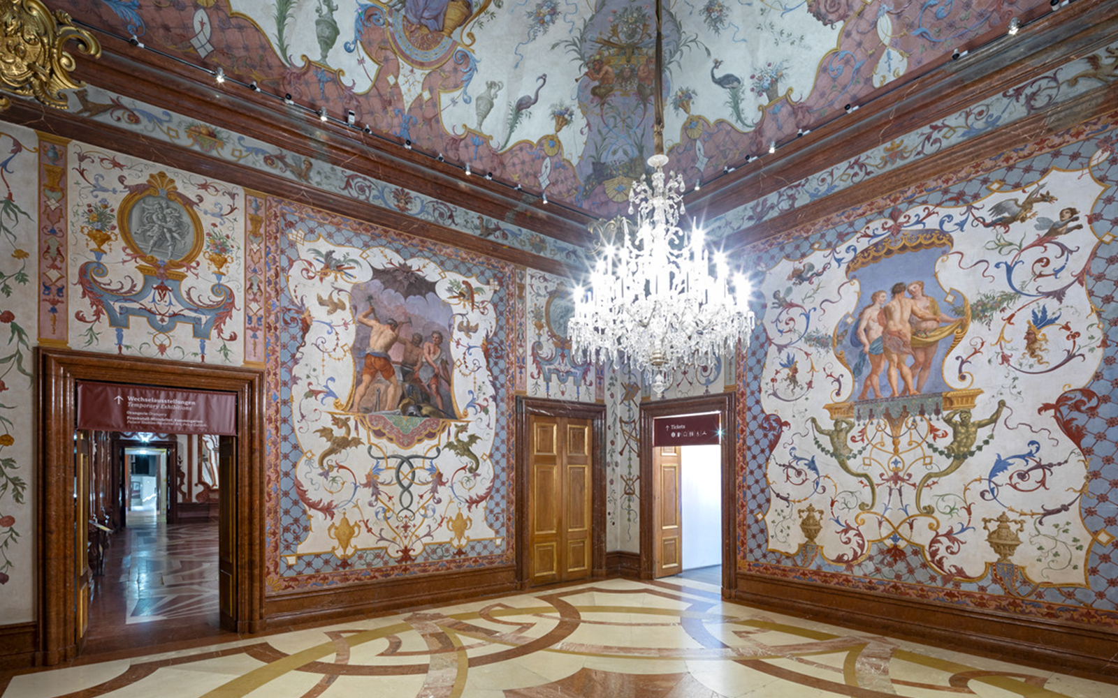 Hall of Grotesque murals and chandelier at Lower Belvedere Palace, Vienna.