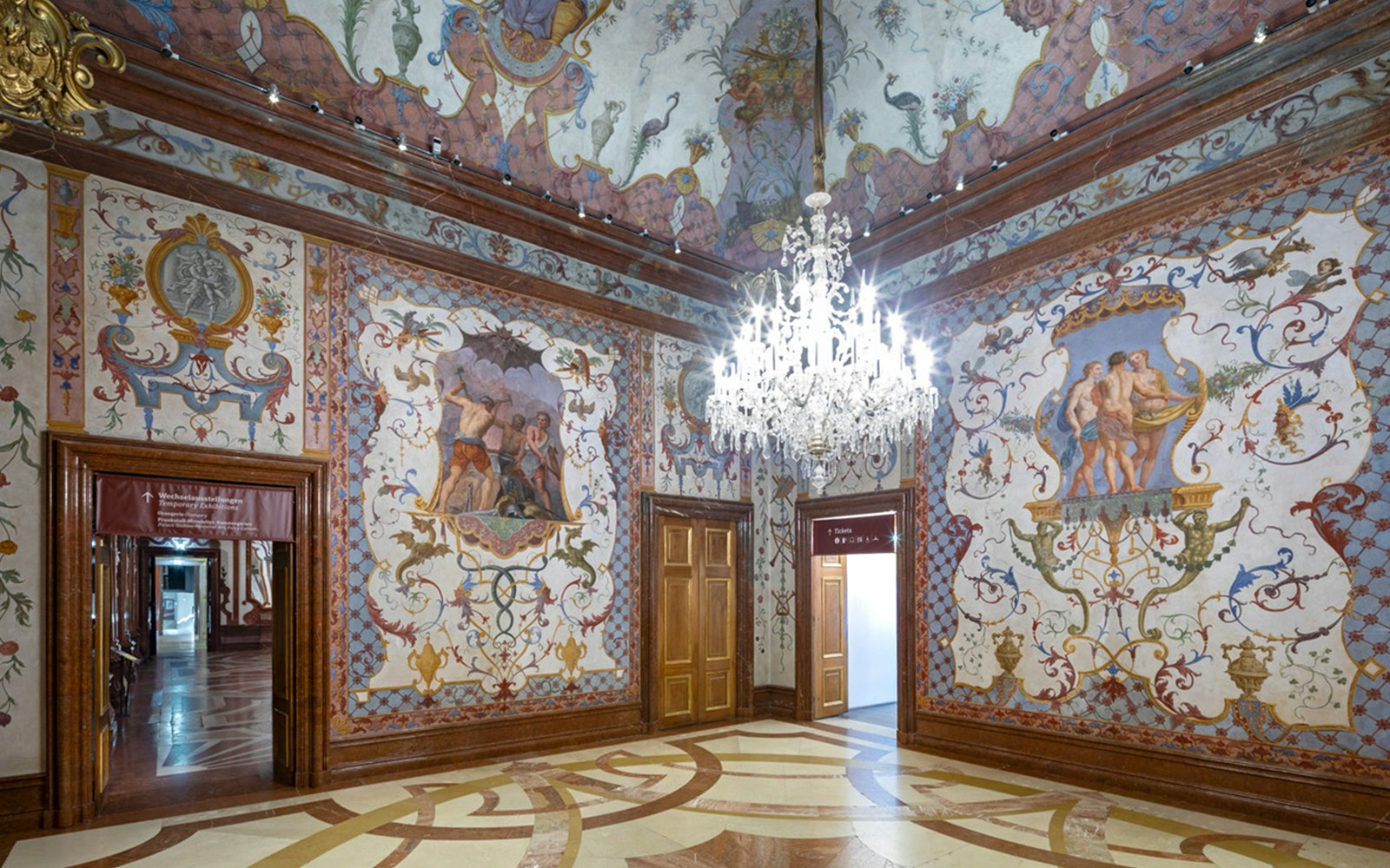 Hall of Grotesques frescoes at Lower Belvedere Palace, Vienna, showcasing intricate mythological scenes.