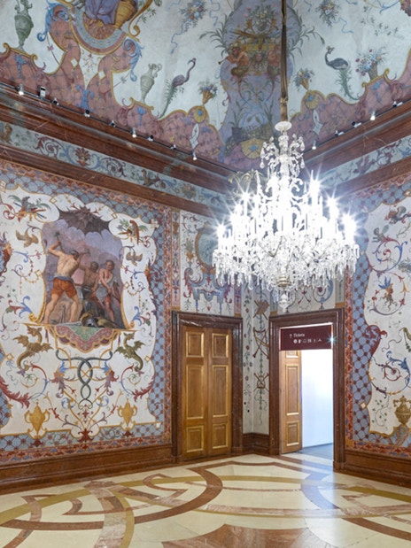 Hall of Grotesque murals and chandelier at Lower Belvedere Palace, Vienna.