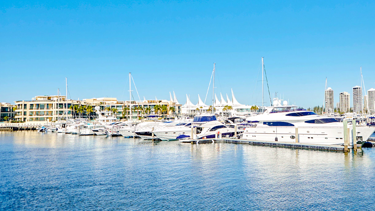 Marina Mirage view with yachts docked, Gold Coast buffet lunch setting.