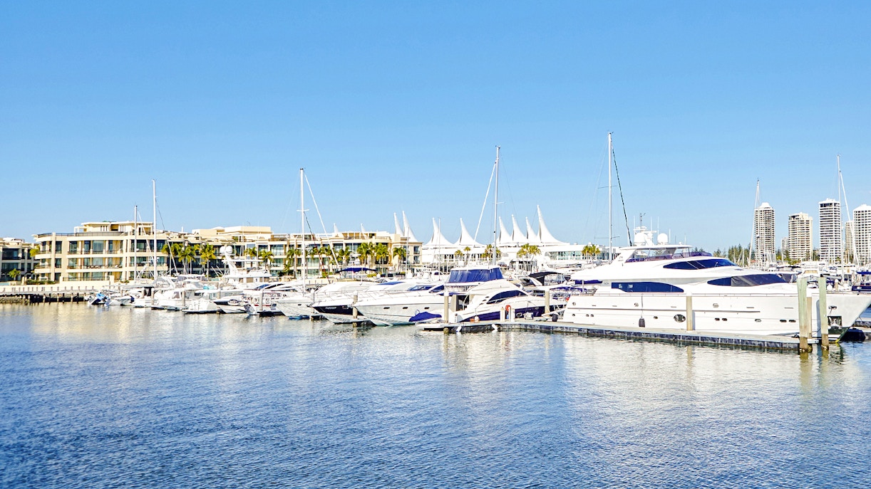 Marina Mirage view with yachts docked, Gold Coast buffet lunch setting.