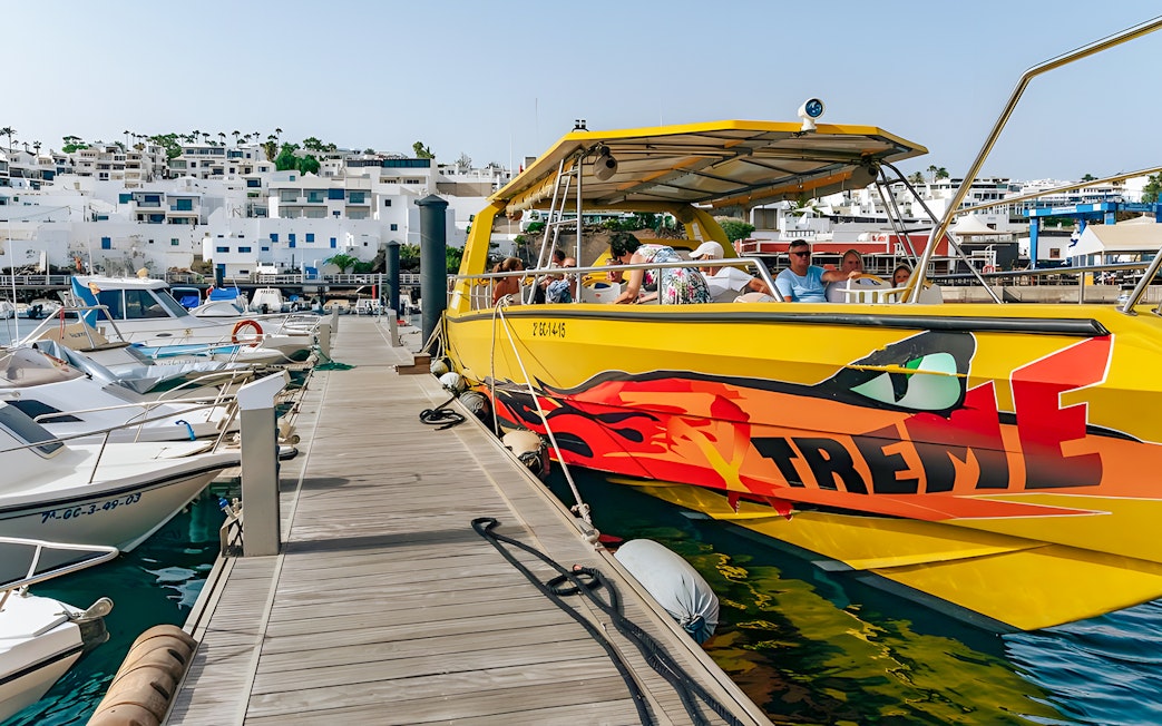 Yellow speedboat docked at marina, passengers boarding for Sunset Speedboat Dolphin Cruise.