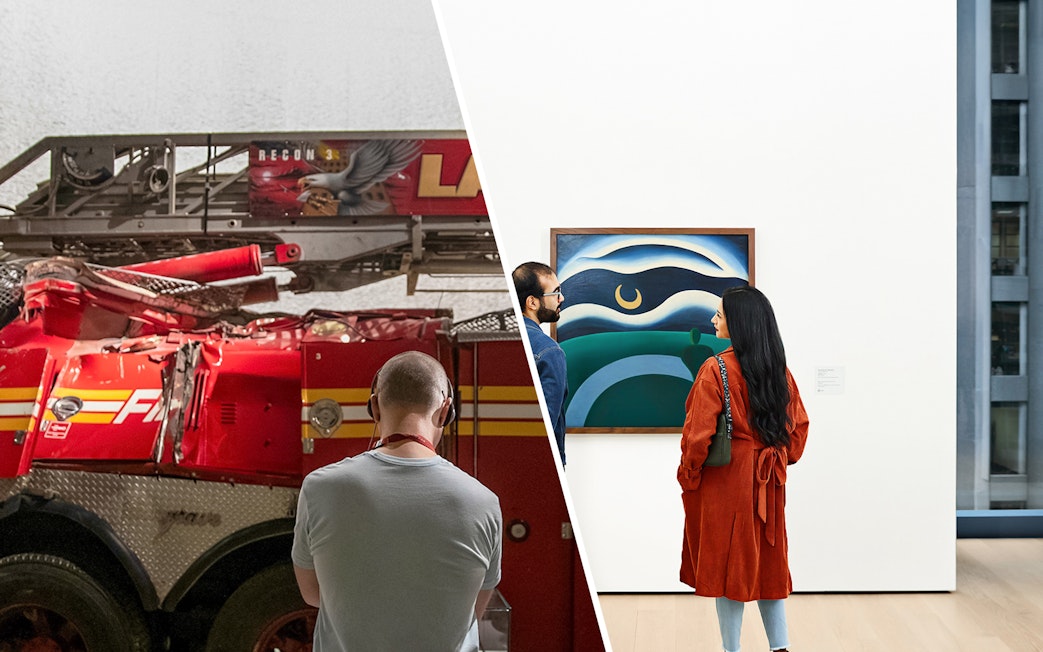 Fire truck display and visitors viewing art in a museum.