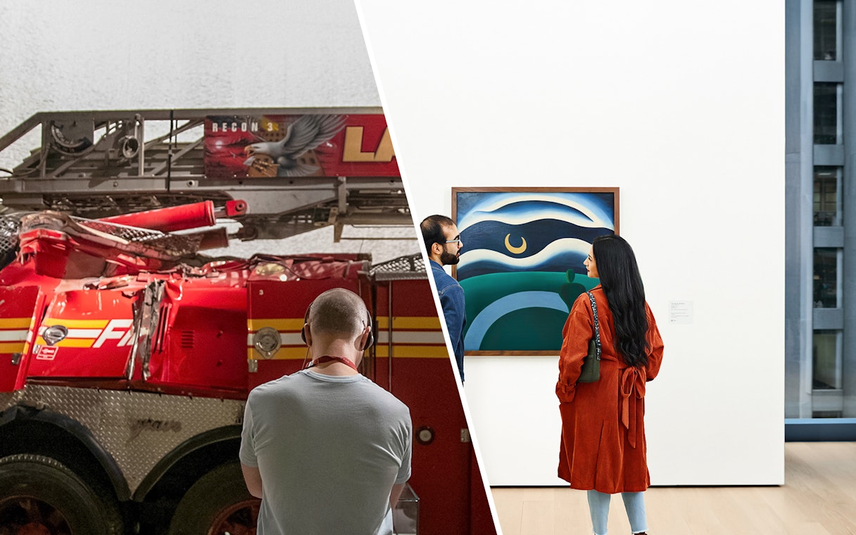 Fire truck display and visitors viewing art in a museum.