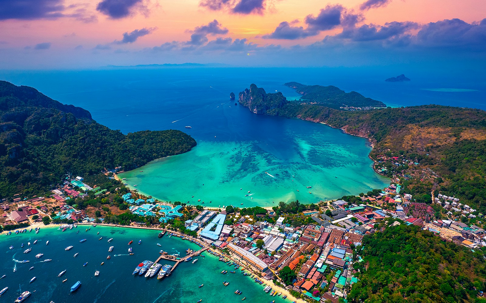 A drone picture of Phi Phi islands during sunset
