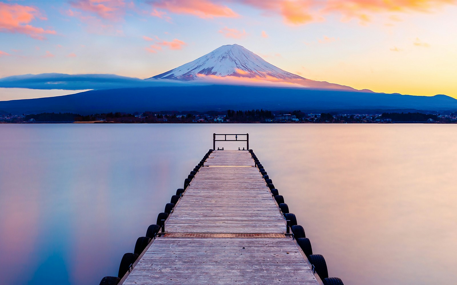 Mt. Fuji with a leading dock in Lake Kawaguchi, Japan