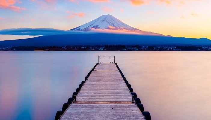 Mt. Fuji with a leading dock in Lake Kawaguchi, Japan