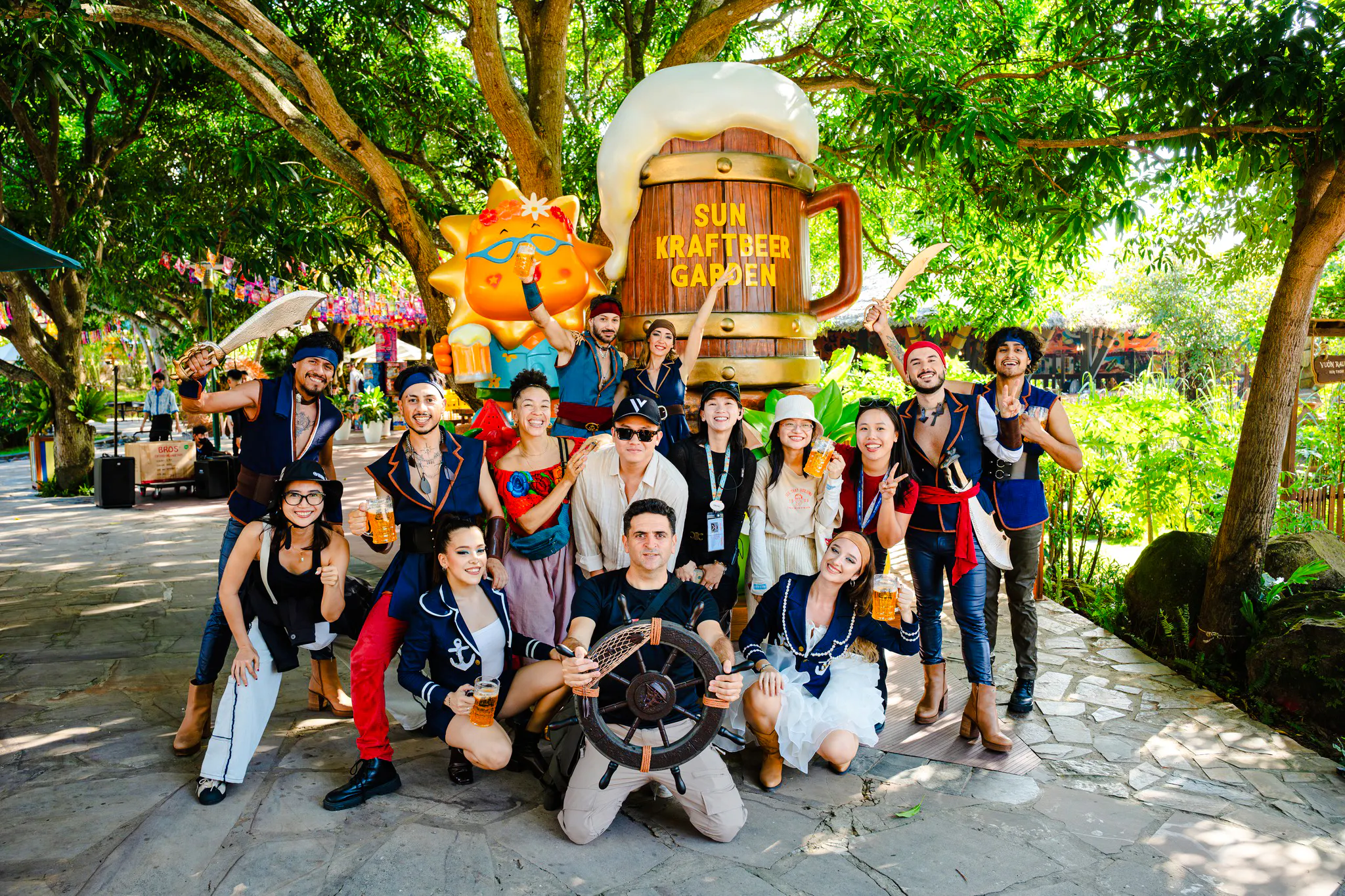 Group enjoying Sun Kraft Beer Garden at Aquatopia, Phu Quoc Hon Thom Cable Car Tour.