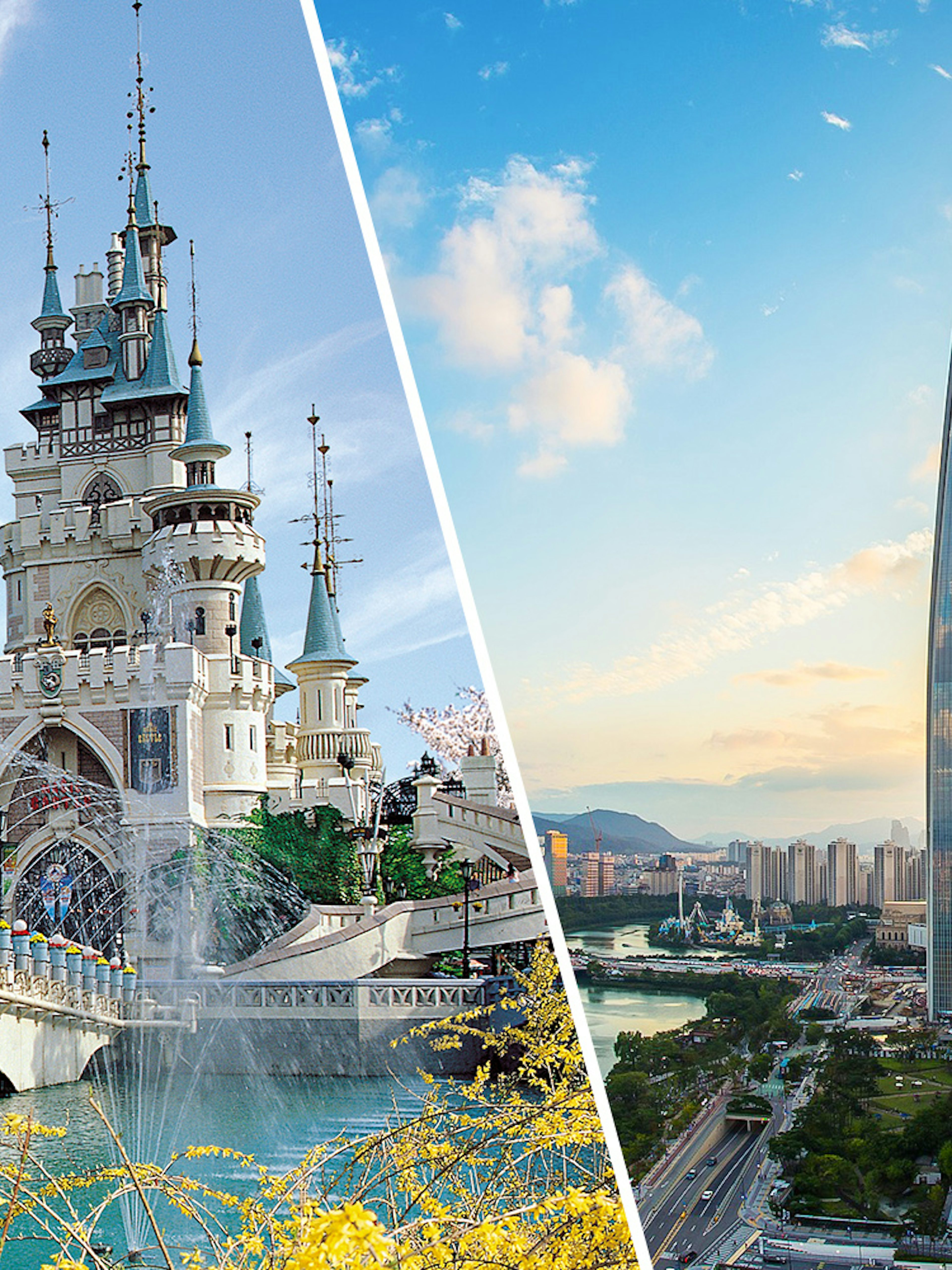 Lotte World castle and Seoul Sky Observatory in Seoul, South Korea.