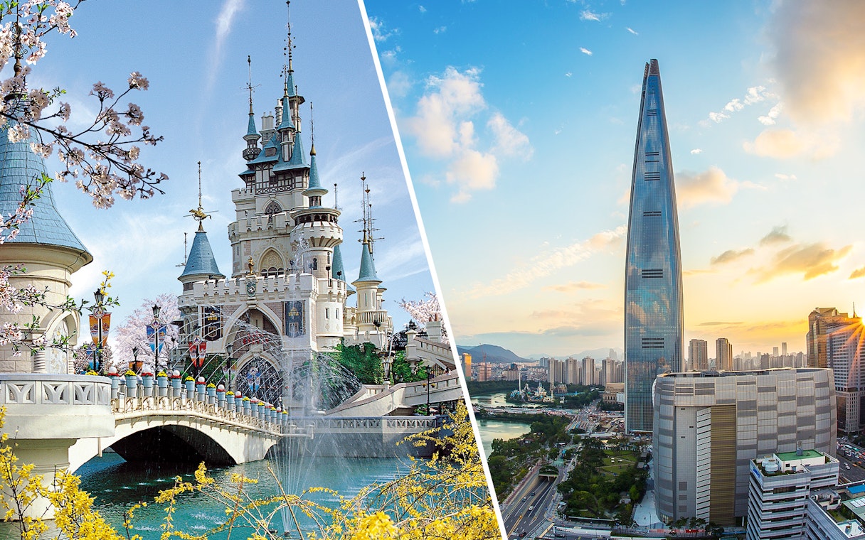 Lotte World castle and Seoul Sky Observatory in Seoul, South Korea.