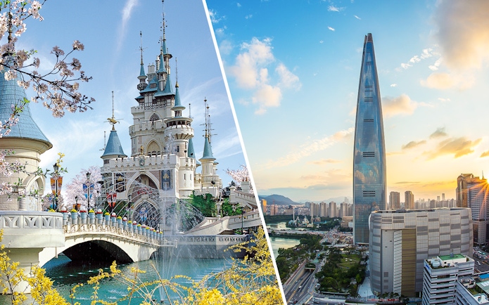 Lotte World castle and Seoul Sky Observatory in Seoul, South Korea.