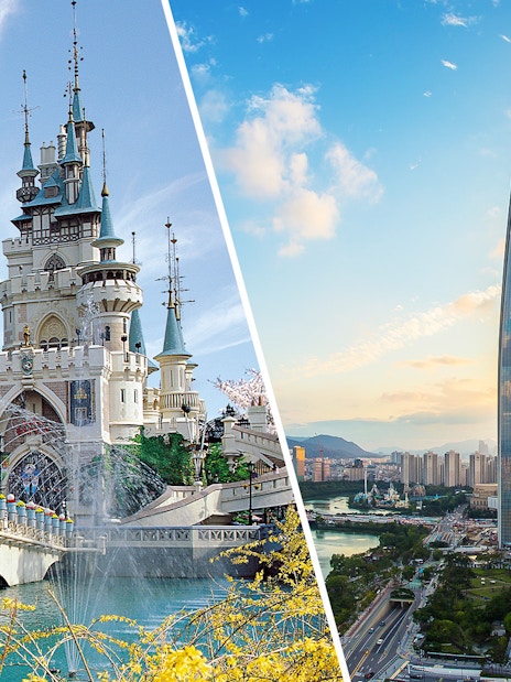 Lotte World castle and Seoul Sky Observatory in Seoul, South Korea.