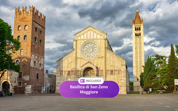 Basilica di San Zeno Maggiore facade with bell tower in Verona.
