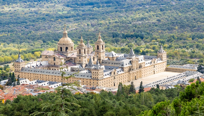 El Escorial Monastery with surrounding gardens in San Lorenzo de El Escorial, Spain.