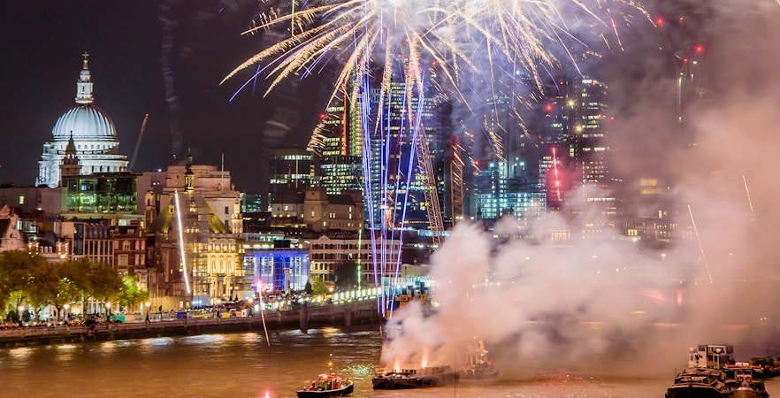 Fireworks over River Thames during Lord Mayor's Show 2017, London, England.