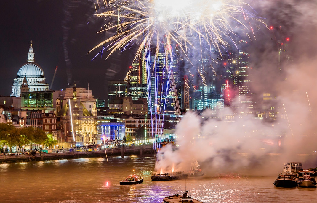Fireworks over River Thames during Lord Mayor's Show 2017, London, England.