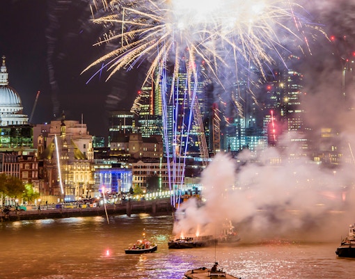 Fireworks over River Thames during Lord Mayor's Show 2017, London, England.