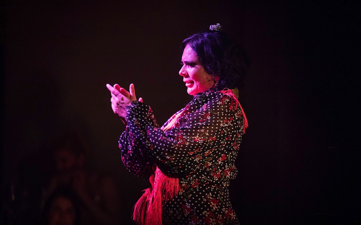 Flamenco dancer clapping during Alegría performance.